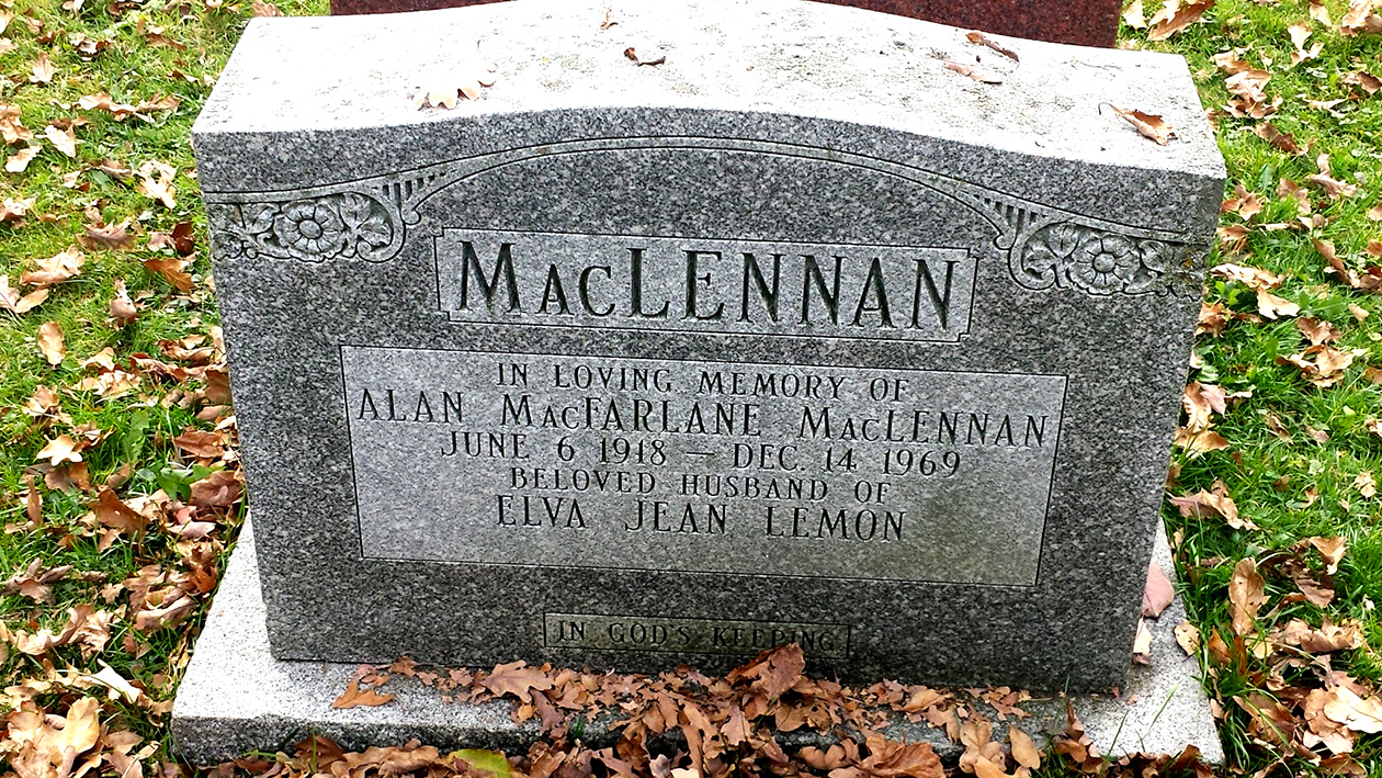 Photo of headstones/Alan MacFarlane MacLennan 1918-1969 hdstn Toronto Mt Pleasant cem ON